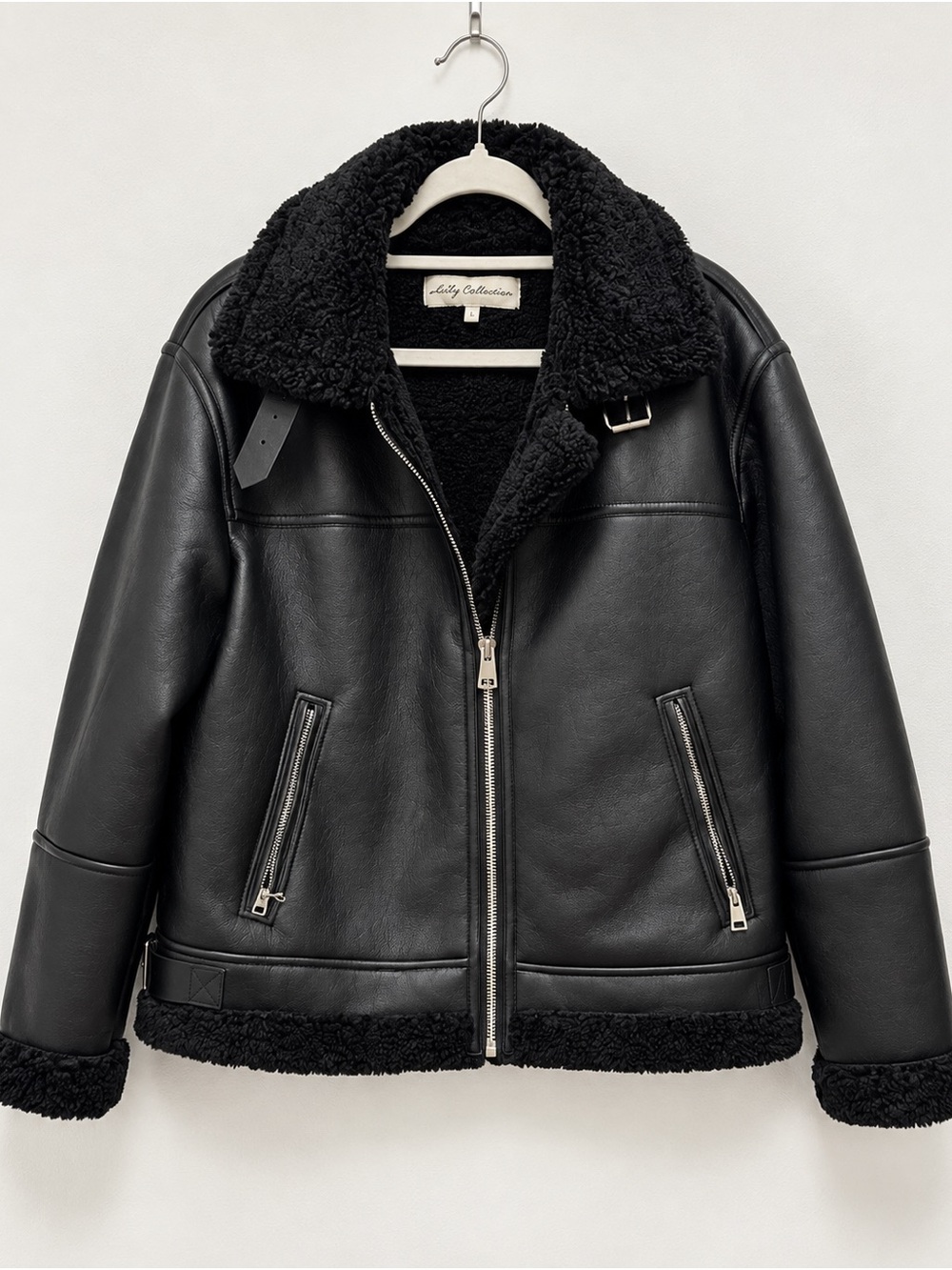 Shelby Collection Black Faux Leather Shearling Jacket XL